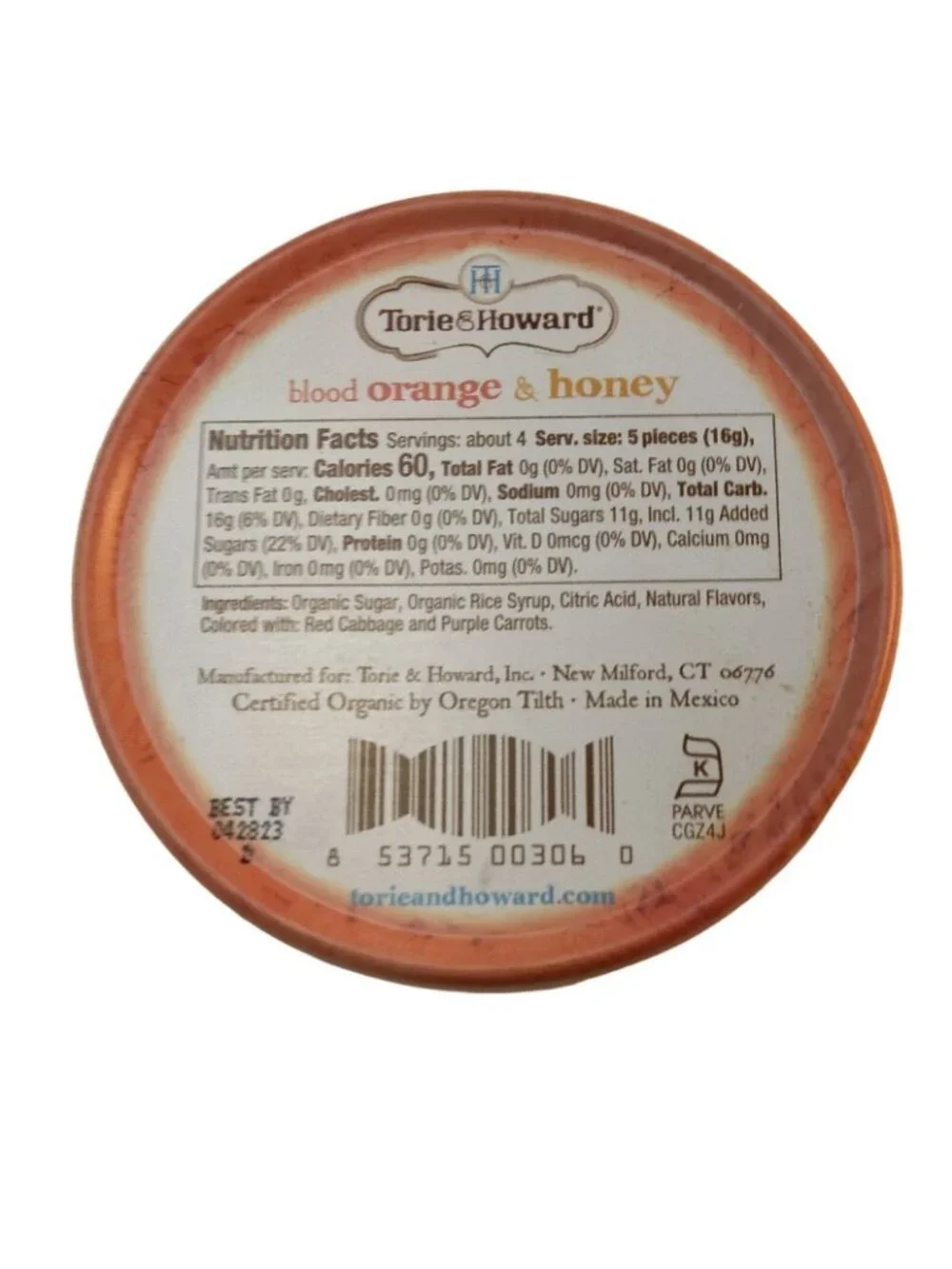 Torie Howard Organic Hard Candy Tin Blood Orange Honey Small Empty Canister